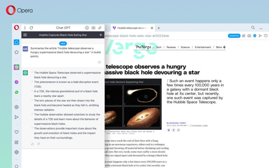 Opera is integrating ChatGPT for website and Article Summaries.